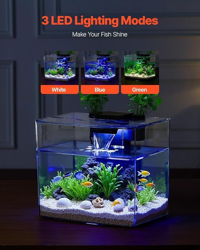 VEVOR Fish Tank Aquarium, 3.5 Gallon Arch Ultra-Clear GPPS Starter Smart Tank Adjustable 3 Color Lighting, Self Cleaning System Fishbowl for Freshwater & Saltwater Fish Home, Office, or Pet Use