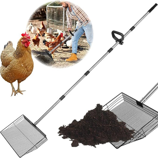 15 inch Large Chicken Poop Scooper with Ergonomic Grip, 6 in 1 Detachable Chicken Scooper for Poop Shovel (20 to 79"), Stainless Steel Sifting Shovel for Chicken Coop/Goat Stall/Stable Cleaning Tool