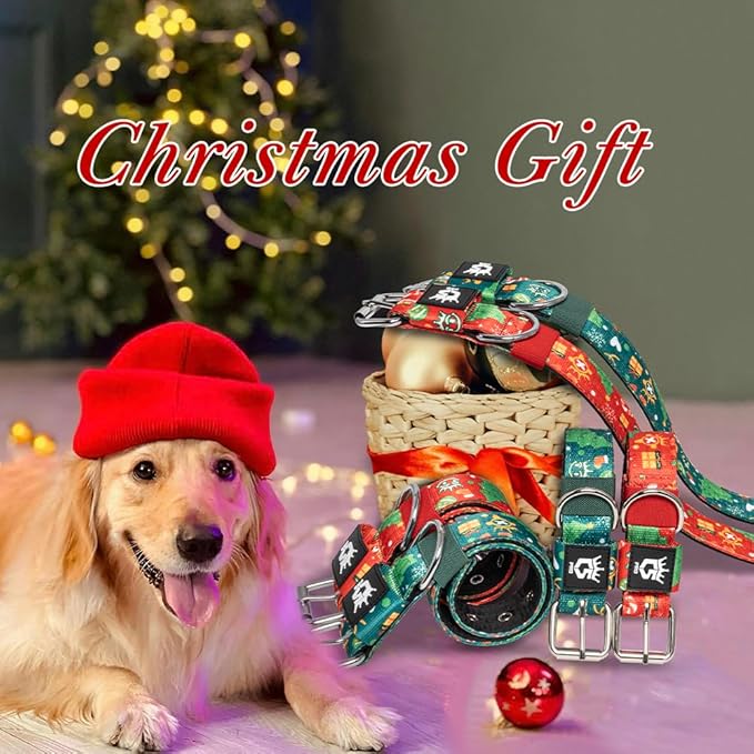 TSPRO Tactical Dog Collar 1.5 Inch Wide Thick Dog Collars with Heavy Duty Metal Buckle, Durable, Strong, Adjustable for Medium to Large Dogs (Christmas Green M)