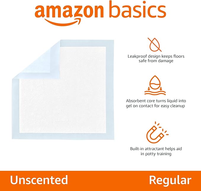 Amazon Basics Dog and Puppy Pee Pads, 5-Layer Leak-Proof Super Absorbent, Quick-Dry Surface, Potty Training, Regular (22x22"), 100 Count, Blue & White