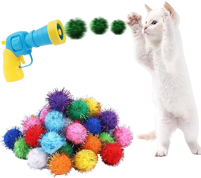 Dorhui Cat Toy Gun Launcher - 30 Pcs Sparkle Pom Pom Balls and Ball Launcher, Fetch Toy Gun Shooter, Interactive Glitter Balls for Indoor Cats and Kitty Gifts
