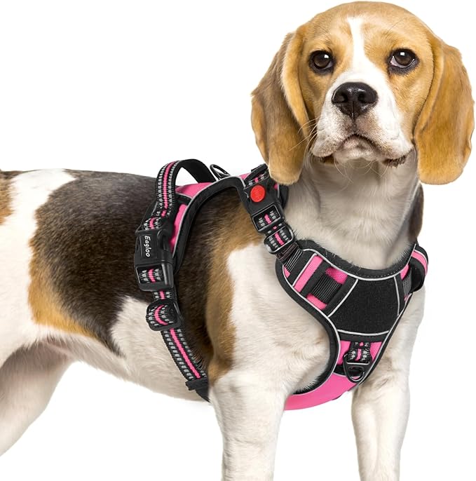 Eagloo Dog Harness Small Sized, Easy Wearing with 3 Buckles, Adjustable No Pull Pet Harness with 2 Rings for Walking, No Chock Reflective Soft Padded Vest with Control Handle, Pink & Black, S
