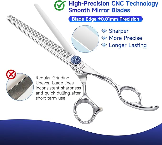 7'' Dog Grooming Scissors Set with Blue Diamond Adjustable Screws CNC 440C Stainless Steel Thinner Chunker Straight Curved Shears with Comb Sharp and Durable