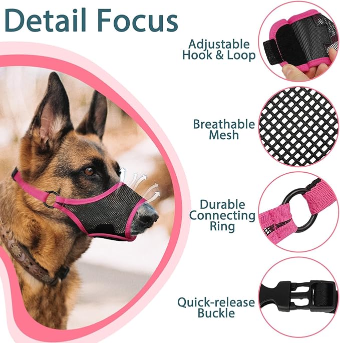 LUCKYPAW Dog Muzzle, Mesh Muzzle for Large Medium Small Dogs, Soft Mouth Guard for Biting Chewing, Breathable Mouth Guard with Adjustable Strap for Training(Hot Pink, XS(Snout:6.5"-7.5"))
