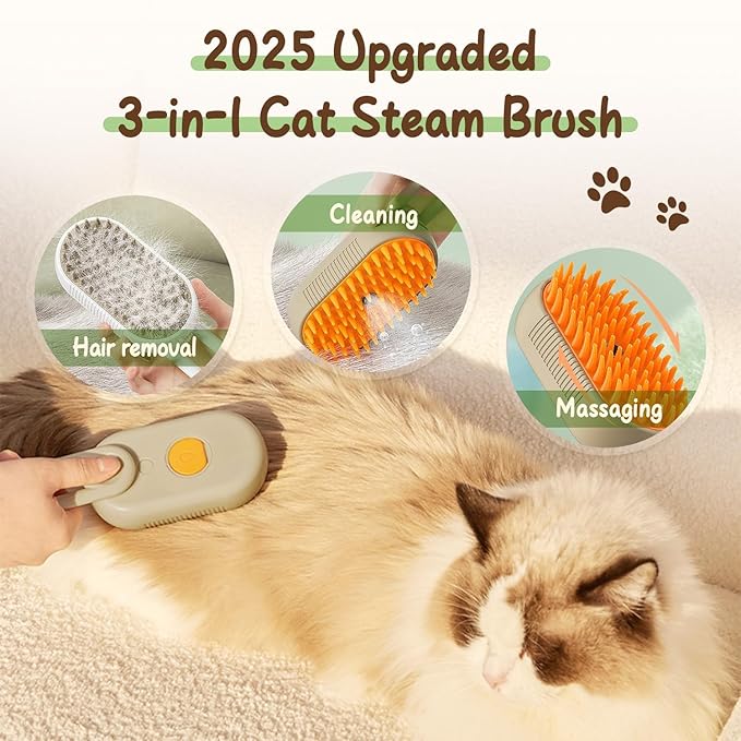 Cat Steam Brush for Shedding, 2025 New 3 in 1 Cat Brushes for Indoor Cats, Pet Steam Groomer Comb, Hair Water Brush Hair Removal Comb for Cats Dogs (Khaki)