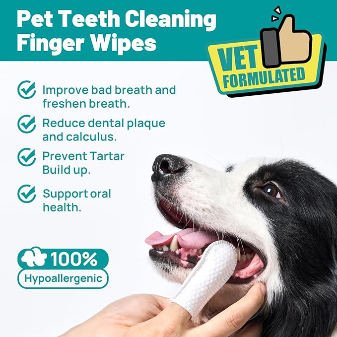 Dog Dental Care Finger Wipes - Teeth Cleaning Finger Wipes for Dog & Cats - Tooth Brushing Kit Dental Wipes for Dog - Reduces Plaque & Freshens Breath (100 PCS, Unscented)