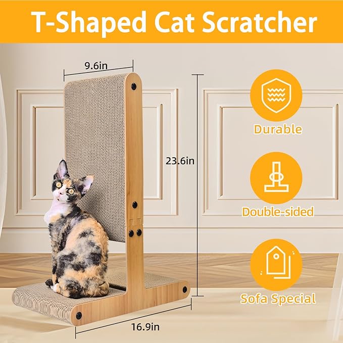 Nekosan T-Shaped Cat Scratcher for Indoor Cats, Double-Sided Furniture Protector, 23.6x16.9x9.6 Inch Large, Cardboard With Ball Toy