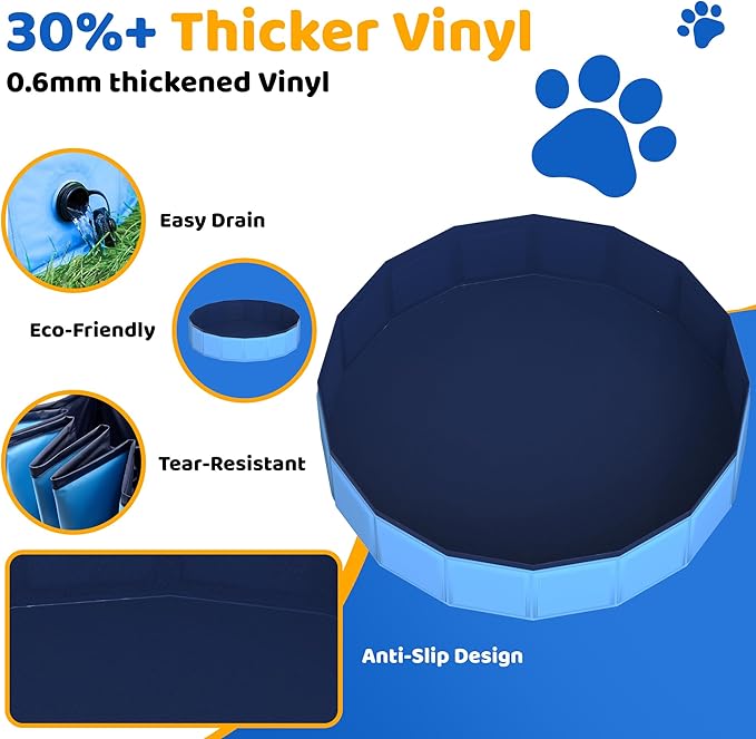 48" x 12" Foldable Dog Pool - Collapsible Hard Plastic Kiddie Pool for Dogs & Kids, Non-Slip Pet Bath Tub for Outdoor Backyard Use, Lightweight & Portable (Blue)