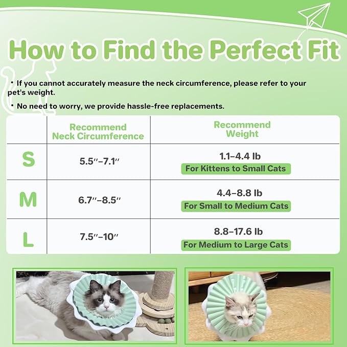 Soft Cat Cone Collar for Cats & Kittens – Adjustable Lightweight Recovery E-Collar to Stop Licking, Scratching & Biting After Surgery, Comfortable Wound Healing Cone Alternative (Green, S)