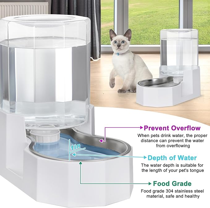 Sfozstra Gravity Water Bowl Dispenser : Automatic 4L White Cat Stainless Steel Feeder Without Filters for Pets Indoor/Outdoor by Owners