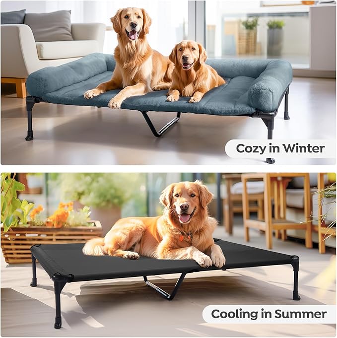 Veehoo Cooling Elevated Dog Bed with Fluffy Plush Bolster Cushion, Indoor Raised Dog Beds for Large Dogs, Soft Pet Sofa Cot with Removable Washable Mat, No-Slip Feet, 49 x 33 inches, Haze Blue