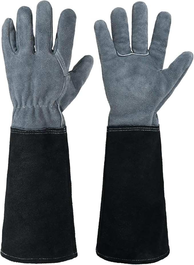 HANDLANDY Long Gardening Gloves for Men & Women, Cowhide Leather Rose Pruning Gloves, Breathable Thorn Proof Gauntlet Glove (Dark Grey-Black, L)