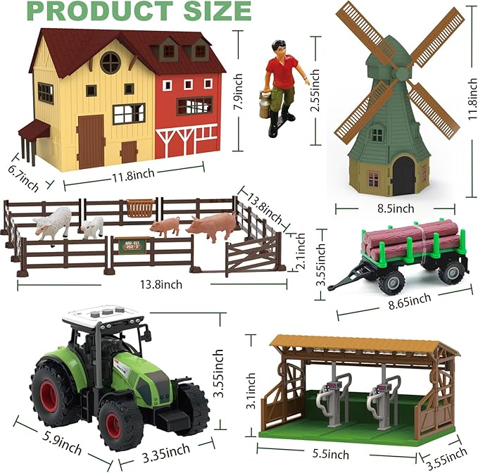 136PCS Farm Animals Toys Set Comes with Barn, Tractor Trailer, Milking shed, Windmill, Farmer, Fence - Playset for Kids Toddlers Boys Girls 5+ Years Old