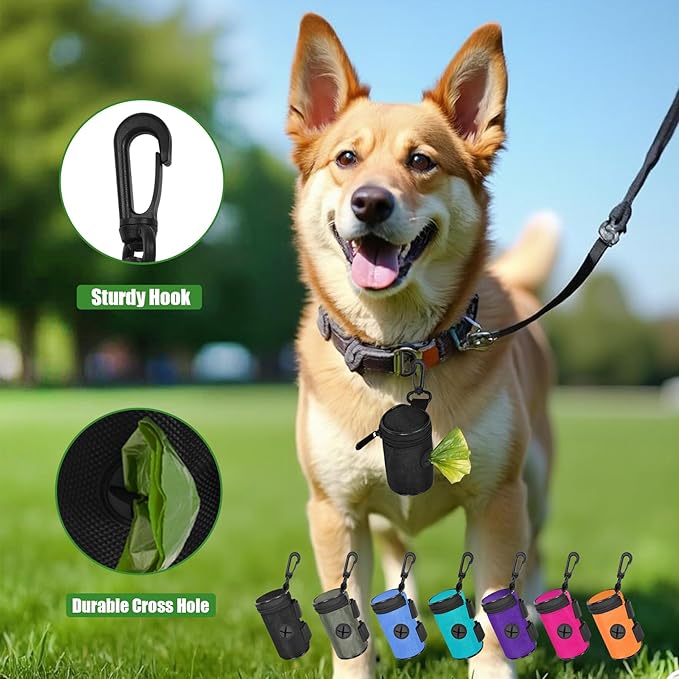 Dog Poop Bag Holder for Leash Attachment - Waste Bag Dispenser for Leash - Fits Any Dog Leash - Portable Set with Hand Free Holder Metal Carrier, Round Shape, Grey