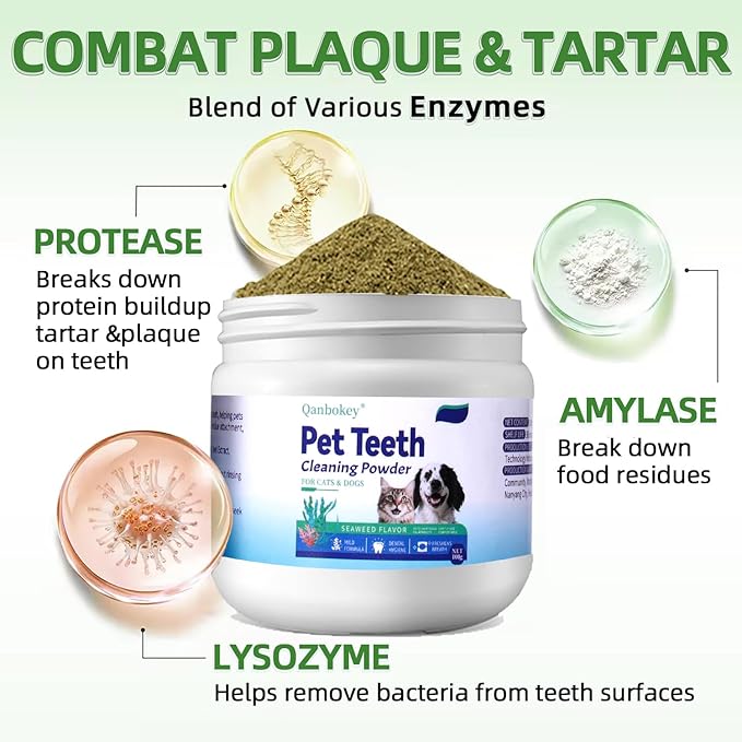 No-Brush Dog Teeth Cleaning Powder Eliminates Plaque in 30 Seconds, Dental Powder Cats Breath Freshener, Teeth Care Plaque Off Pet Tooth, Bad Breath Remedy Tartar Remover for Dogs with Enzymes