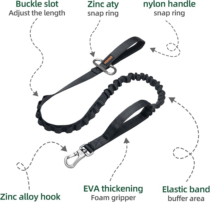 EXCELLENT ELITE SPANKER Tactical Bungee Dog Leash Military Adjustable Dog Leash Quick Release Elastic Leads Rope with 2 Control Handle(Black