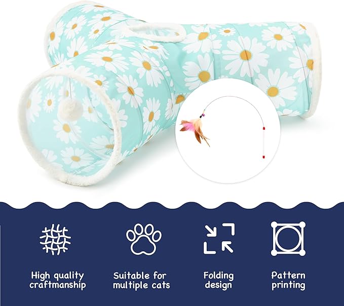 Tempcore Pet Cat Tunnel Tube Cat Toys 3 Way Collapsible, Cat Tunnels for Indoor Cats，Kitty Tunnel Bored Pet Toys Peek Hole Toy Ball, Puppy, Kitty, Kitten, Rabbit Daisy Blue Printed