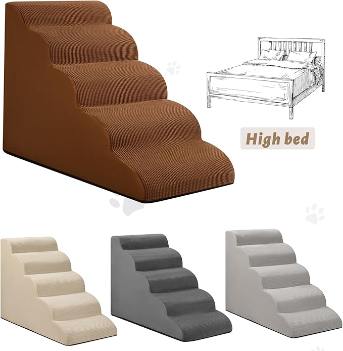5-Step Dog Stairs and Ramp for High Bed,Non-Slip Sturdy Pet Steps for Small Dogs and Cats,22.2" H,Brown