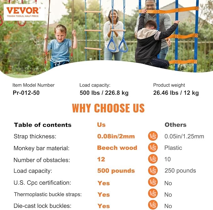 VEVOR Ninja Warrior Obstacle Course for Kids, 2 x 50 ft Weatherproof Slacklines, 500lbs Weight Capacity Monkey Line, Outdoor Playset Equipment, Backyard Toys Training Equipment Set with 12 Obstacles