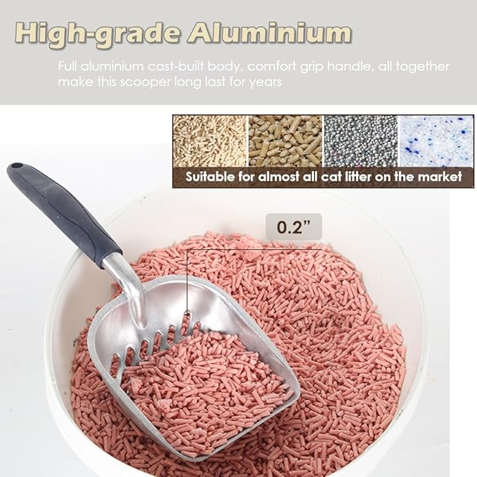 Heavy-Duty Metal Cat Litter Scoop with Holder, Aluminum Cats Litter Scooper Captures All Clumps, Kitty Metal Scooper and Holder (White)