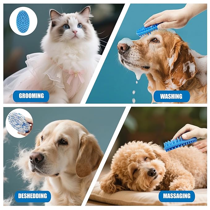 Dog Grooming Brush, Lilpep Pet Shampoo Bath Brush Soothing Massage Rubber Comb with Adjustable Ring Handle for Long Short Haired Dogs and Cats (2 pale blue, 2 sided brush)