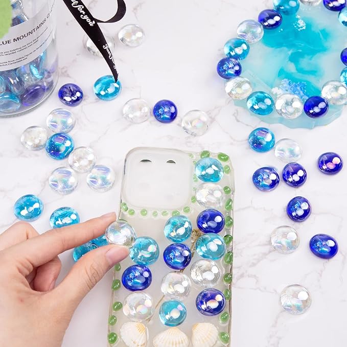 FUTUREPLUSX 1LB Iridescent Flat Glass Marbles, Blue Mixed Glass Beads Vase Fillers Decorative Gem Pebbles Sparkling Floral Fish Tank Rocks for Vases Table Scatter Aquarium Decor DIY Craft