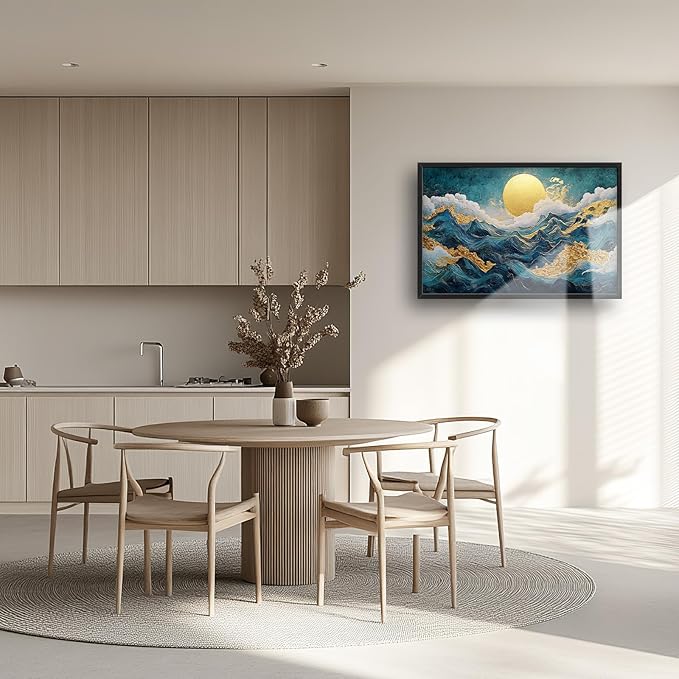 Framed Large Sun Mountain Wall Art, Oversized Teal and Golden Sun Wall Decor for Living Room, Abstract Landscape Canvas Painting Modern Artwork Home Decoration for Living Room Bedroom 36"x24"