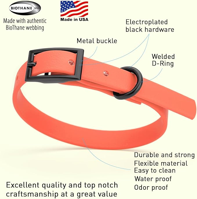 Dogline Biothane Waterproof Dog Collar Strong Coated Nylon Webbing with Black Hardware Odor- Proof for Easy Care Easy to Clean High Performance Fits Small Medium or Large Dogs, Coral