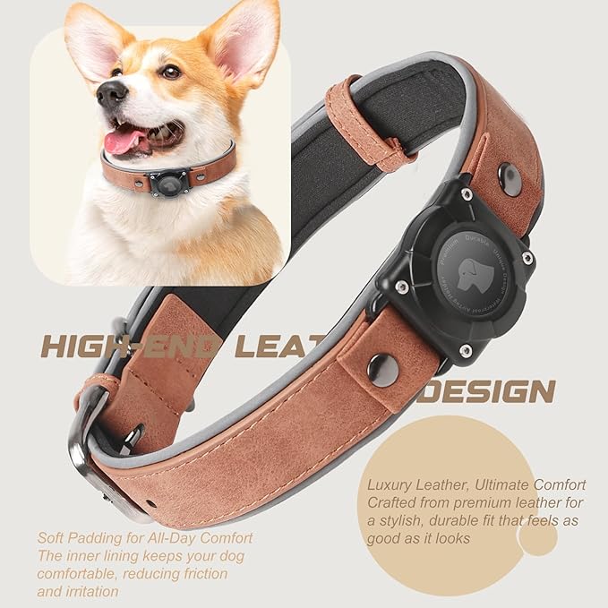AirTag Dog Collar - Leather Dog Collar with Air Tag Holder | IPX8 Waterproof, Reflective, High - End, Adjustable Soft Padded | Dog GPS Tracker Collars Fit for Medium Large Dogs (Mahogany Brown, XL)