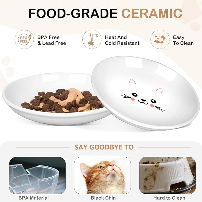 TRUVIC 4 Pack Ceramic Cat Food Bowls, 5.9 Inch Ceramic Cat Dishes Set for Indoor Cats and Small Dogs, Anti Whisker Fatigue Kitten Bowls, Wide Shallow Kitten Plates for Food and Water (Cute Face)