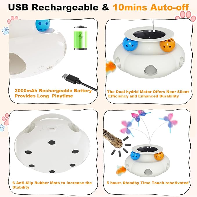 Interactive Cat Toys for Indoor Cats, 3in1 Rechargeable Pet Teaser Toy with Ambush Feather Wand, Fluttering Butterfly and Track Balls, Touch Activated Automatic Kitten Toys with Remote Control