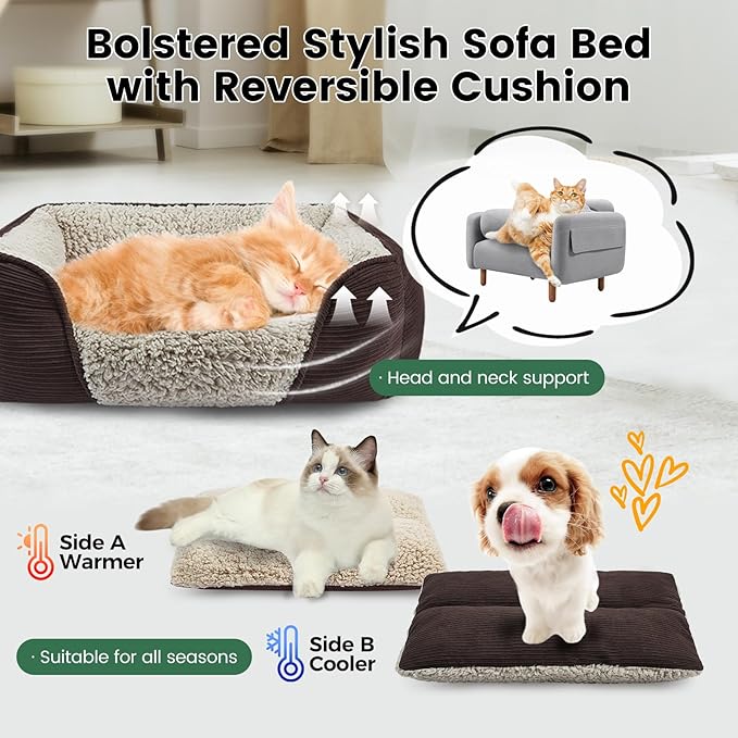 Miguel Washable Dog & Cat Bed with Removable Cushion for Medium & Small Dogs, Easy to Wash Pet Sofa Bed with Side Bolster, Anti-Slip Bottom, Dark Brown, 30 Inch Rectangle