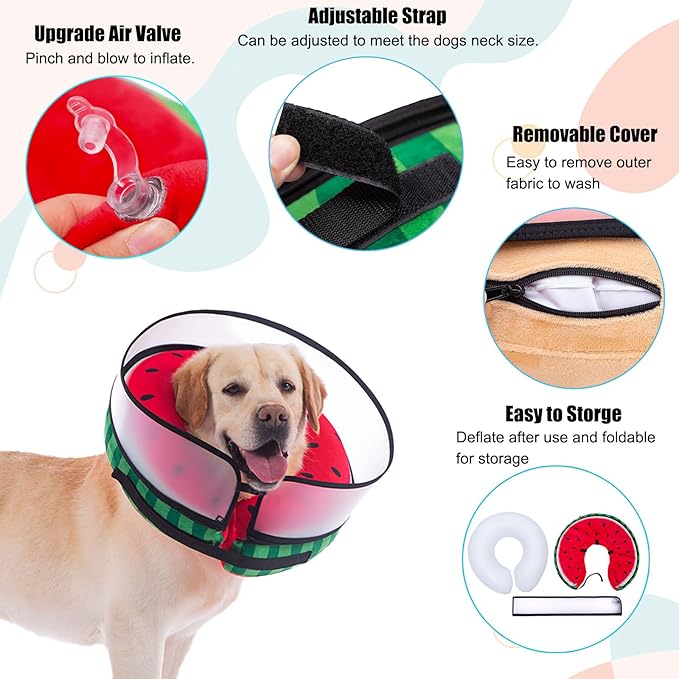 Inflatable Dog Cone Collar with Enhanced Anti-Licking, Soft Neck Donut for Dogs Cats, Recovery Pet Cone Collar After Surgery for Large Medium Small Dogs… (Watermelon, X-Large)