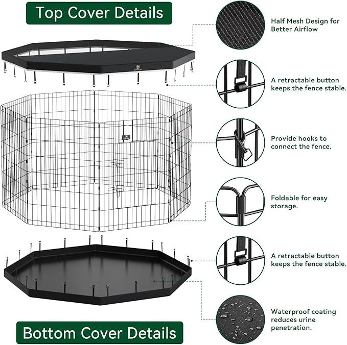 PJYuCien Dog Playpen, 8 Panels 30’’H Dog Pens Indoor with Bottom Pad and Top Cover, Metal Foldable Pet Puppy Exercise Fence Crate Kennel, Better for Small Animals,Black