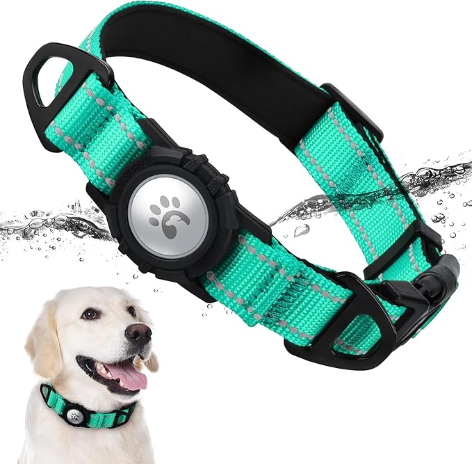 TagME Airtag Dog Collar,Waterproof Reflective Pet Collar with Airtag Holder,Soft Padded and Double D-Rings for Extra Large Dogs,Turquoise