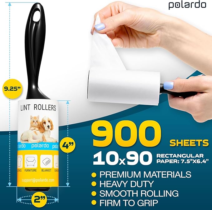 Lint Rollers 2 pcs, 900 Sticky Sheets, Extra 8 Spare Rollers/Hair Remover for Clothes, Furniture, Couch, Carpet, Dog Hair Remover, Cat Hair Remover, Animal Fur, Fuzz