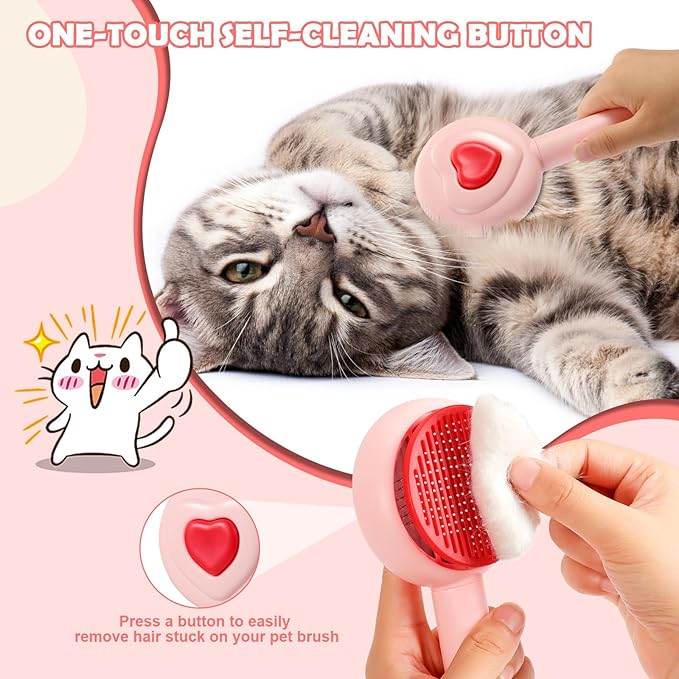 New cat brush&dog brush,pet hair brush with Self Cleaning Button Easy to remove loose undercoat，Needle-tip massage beads, no harm to the skin,Lovely Heart Series(Green)