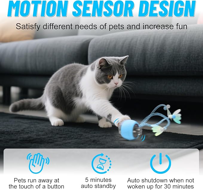 Interactive Cat Toy Ball for Indoor Cats with Mesh Tail & Foils, Automatic Rolling Three Modes Agile Moving Cat Ball to Keep Them Busy Rechargeable, Blue