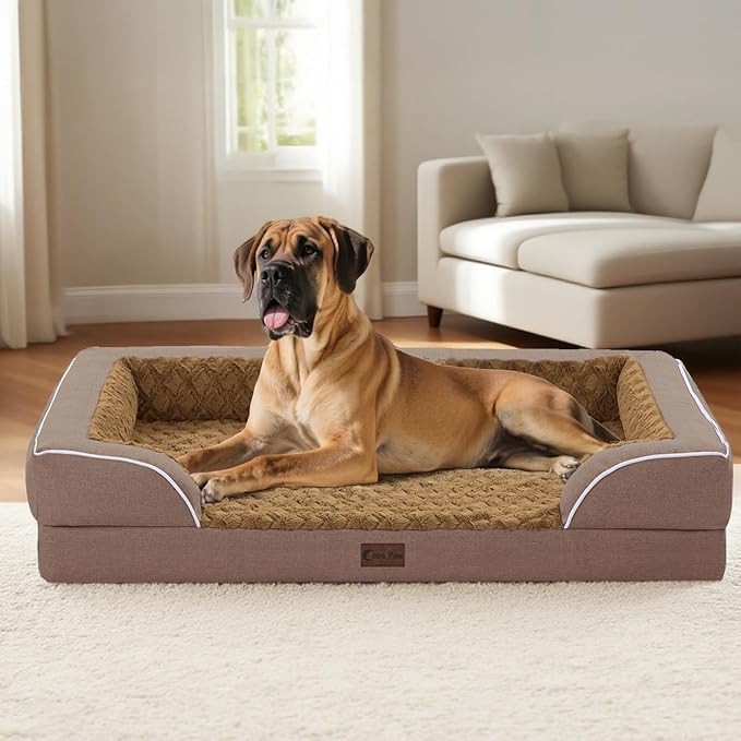Orthopedic Dog Beds, Waterproof Memory Foam Large Sized Dog Bed with Sides, Non-Slip Bottom and Egg-Crate Foam Big Dogs Beds with Removable Washable Cover(Large,Brown)