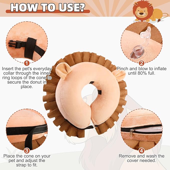 KOOLTAIL Inflatable Dog Cone Collar, Soft Dog Cone Alternative for Large Medium Small Dogs After Surgery, Adjustable Donut Neck Cone for Dogs Cats, Recovery E Collar with Enhanced Anti-Licking,Lion XL