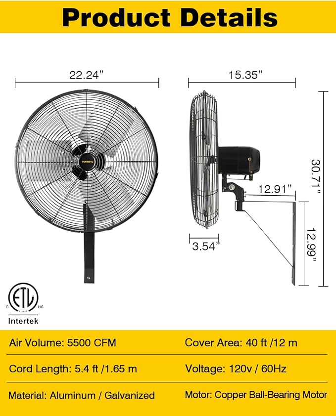 VENTISOL 20 Inch Wall Mount Fan Oscillating, 5500 CFM High Velocity Industrial Fans with 3 Speeds for Garage, Shop, Warehouse, Workshops, Cover Patio, ETL Listed