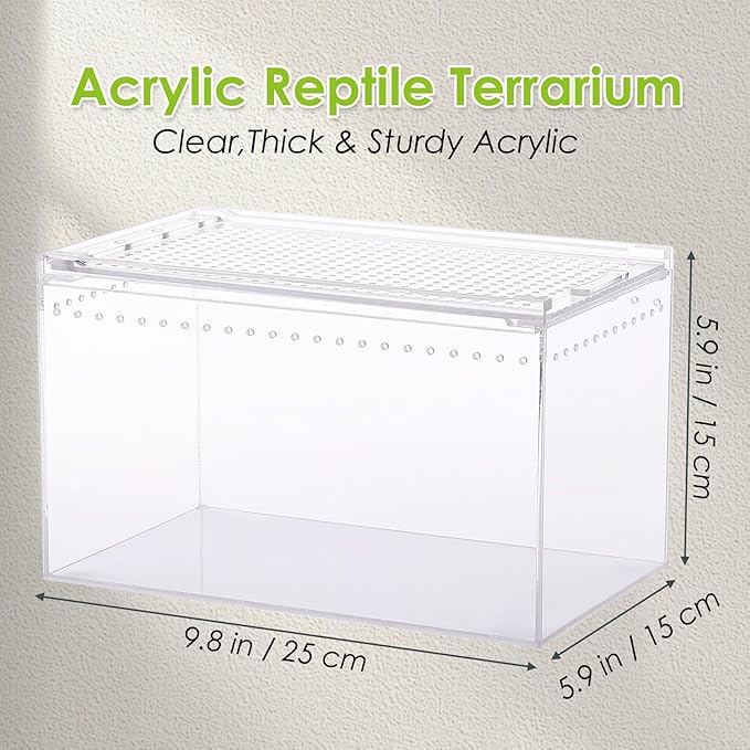 Acrylic Reptile Terrarium Enclosure 9.8" x 5.9" x 5.9" Magnetic Tarantula Breeding Box Transparent Insect Habitat for Jumping Spider Hermit Crab Lizard Sling Isopods Horned Frog Snake Gecko