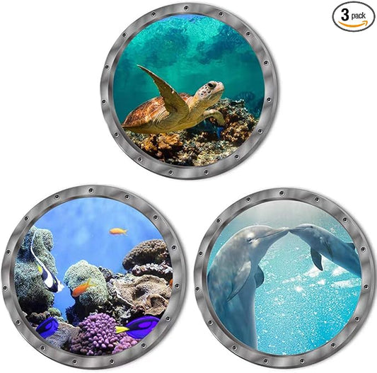 Under The Sea Nature Scenery Ocean Animals World Includ Sea Turtles Dolphins Coral 3 Pcs Removable 3D Wall Decals Peel and Stick Vinyl Stickers for Bathroom and Bedroom, Furniture,Home Decor