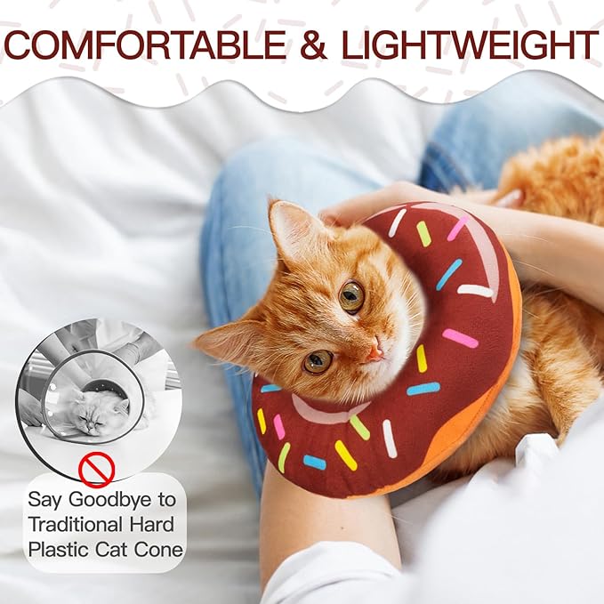 Cat Cone Collar Soft, Cute Cat Donut Collar After Surgery, Adjustable Kitten Recovery Cones to Stop Licking, Lightweight Neck Elizabethan Collars for Cats Kittens (Brown, Medium)