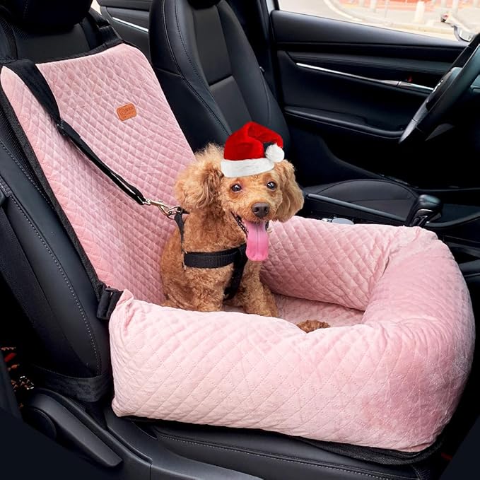Dog Car Seat for Small Medium Dogs Up to 40lbs, Detachable Washable Soft Pet Booster Travel Bed for Front & Pink Seat with Safety Leash Belt