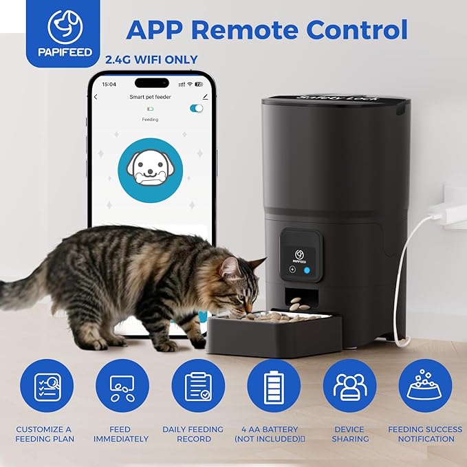 PAPIFEED 2.4G WiFi Automatic Cat Feeder, 6L/25Cup Automatic Pet Feeder with APP Control for Remote Feeding, Detachable for Easy Clean, Cat Food Dispenser with Alexa,1-10 Meals Per Day for Dog, Black