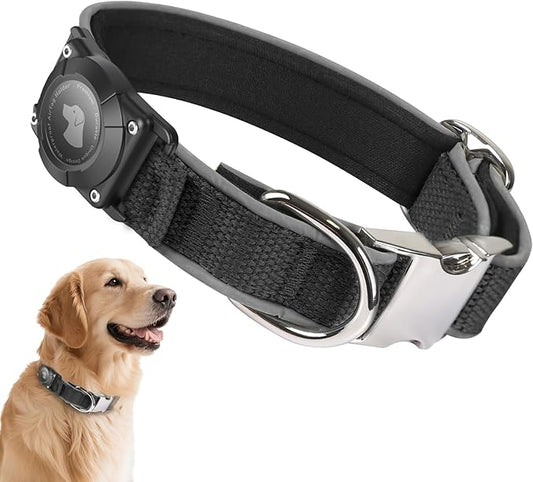 Waterproof Airtag Dog Collar - Nylon Collar with Durable Airtag Holder, Reflective&Anti-Lost with Safety Metal Buckle, Soft Padded Adjustable for Small Medium Large Dogs Black S