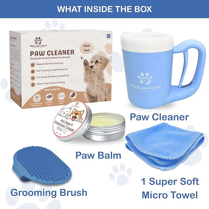 Dog Paw Cleaner for Small & Medium Dogs – Portable Paw Washer Cup with Soft Silicone Brush, Towel & Moisturizing Balm – Gently Cleans Muddy Paws After Walks (Blue, Medium)
