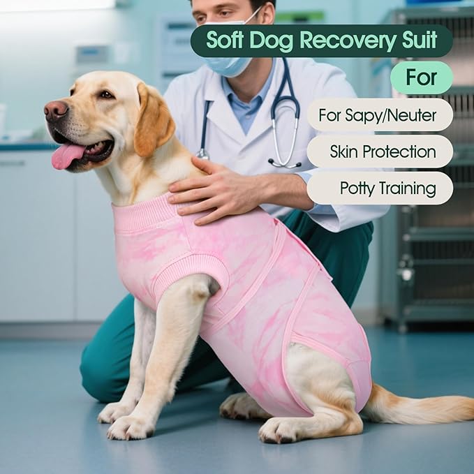 Kuoser Dog Surgery Recovery Suit, Anti Licking Pet Surgical Suit for Dogs Male Neuter, Female Dog Surgery Suit for Spay Subsititute E-Collar Cone, Dogs Body Suits After Surgery Pink Tie Dye L