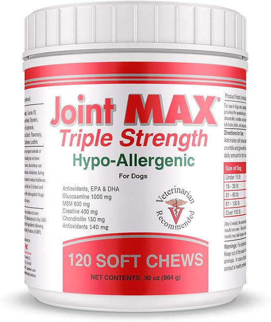 Triple Strength Hypo-Allergenic Soft Chews for Dogs - Hip and Joint Support Supplement with Glucosamine, Chondroitin, & MSM - Made in The USA - 120 Soft Chews